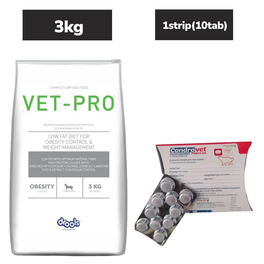 Drools VET PRO Obesity Adult Dog Dry Food (3kg) and Vivaldis Condrovet Large Joint Support tablet (10 tablets) Combo
