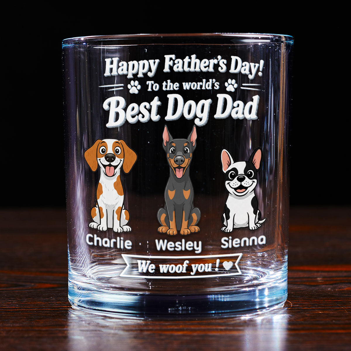 Stylized Cartoon Dog Woof Dad - Personalized Whiskey Glass