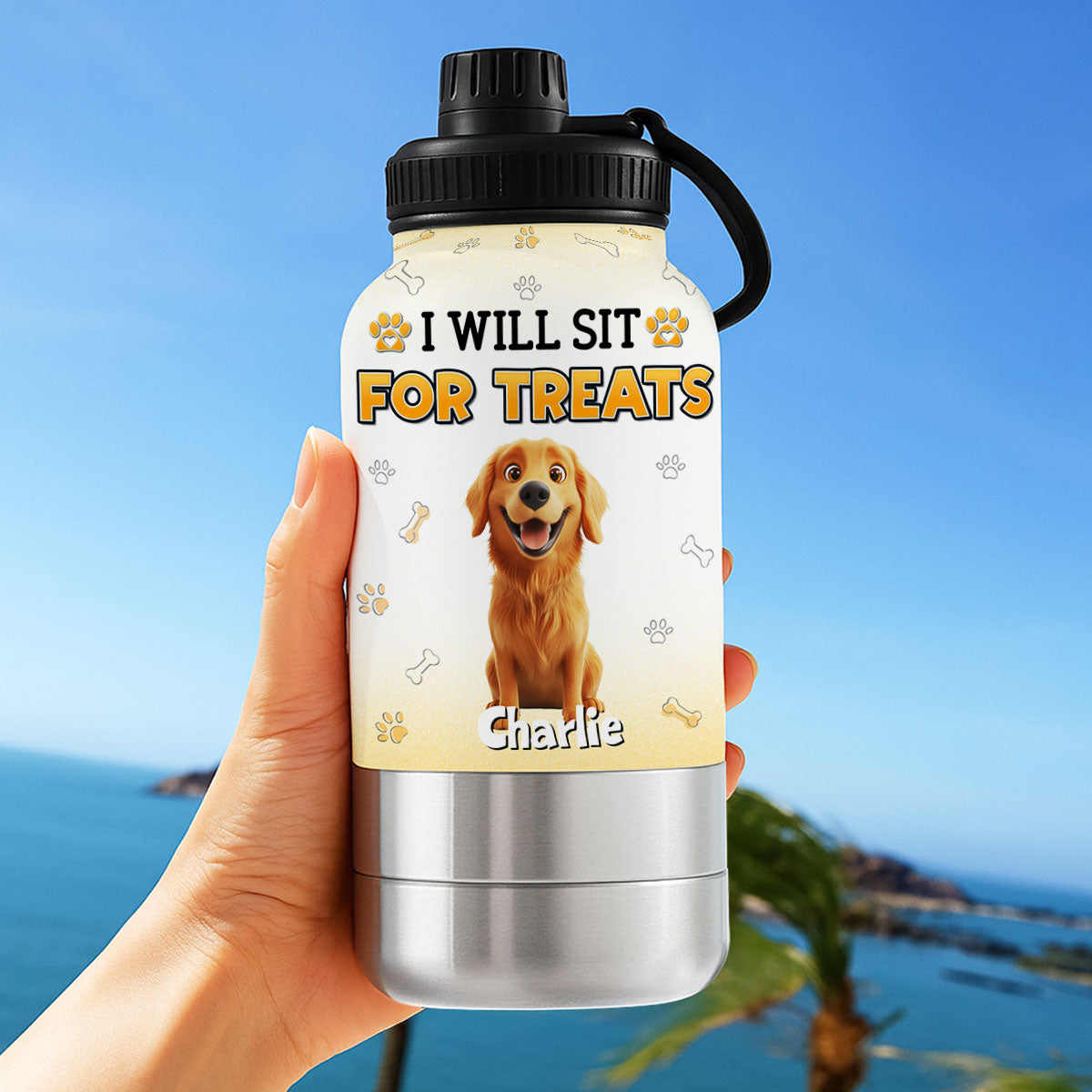 Will Sit For Treats - Personalized 30oz Water Bottle With Pet Bowl