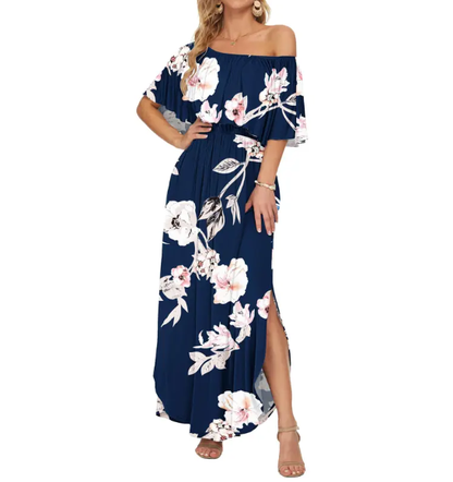 ⏰Last Day Sale 50% OFF💃Women's Off-Shoulder Ruffled Side-Slit Maxi Dress with Pockets ✨
