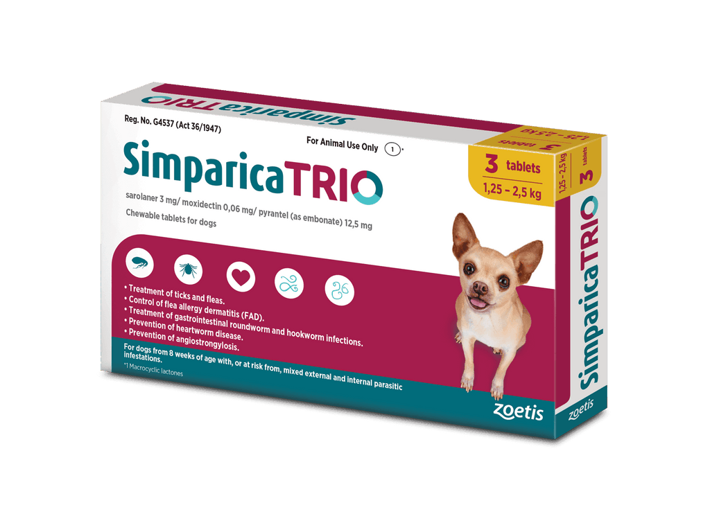 Simparica Trio For Dogs 1.25kg - 2.5kg x 3 Tablets (Gold)