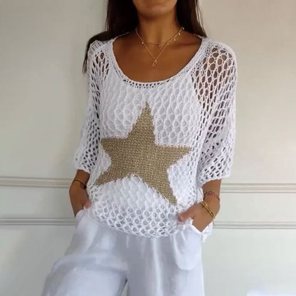 💥Limited Sale 70% OFF💥Women's Fashion Round Neck Crochet Knit Fishnet Top🤩