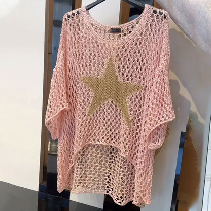 💥Limited Sale 70% OFF💥Women's Fashion Round Neck Crochet Knit Fishnet Top🤩
