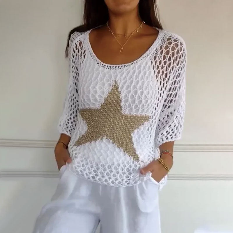 💥Limited Sale 70% OFF💥Women's Fashion Round Neck Crochet Knit Fishnet Top🤩