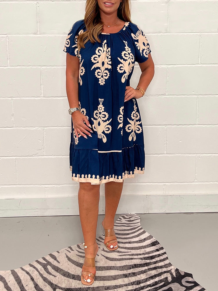 Geometric Pattern Multi Print Square Neck Dress