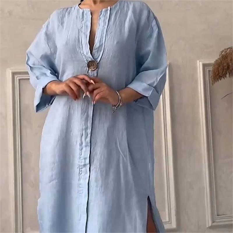 🍂Casual Breathable 3/4 Sleeves V Neck Solid Color Dress
