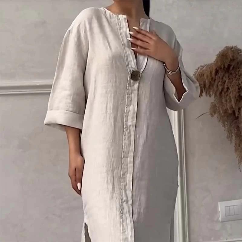 🍂Casual Breathable 3/4 Sleeves V Neck Solid Color Dress