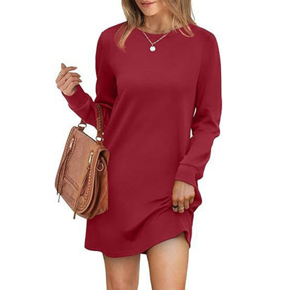 Women’s Solid Round-Neck Long-Sleeve Dresses with Pockets