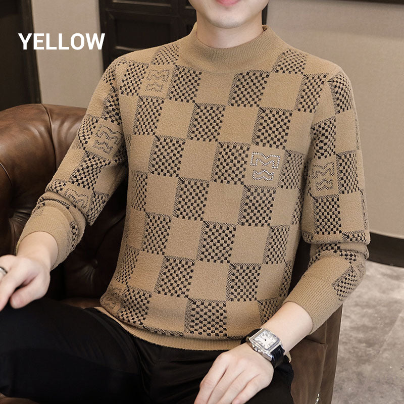 ⛄Winter Clearance⛄Men‘s Checkered Printed Mock Neck Thickened Pullover Sweater