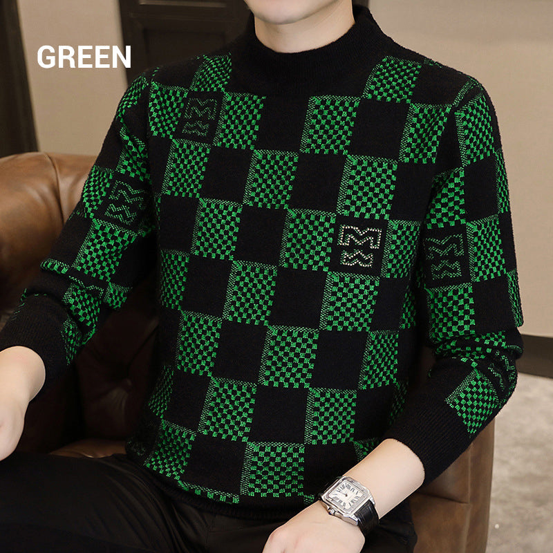 ⛄Winter Clearance⛄Men‘s Checkered Printed Mock Neck Thickened Pullover Sweater