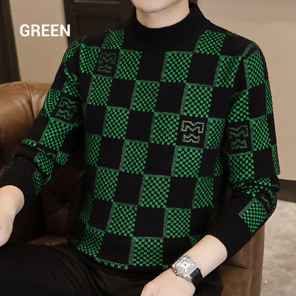 ⛄Winter Clearance⛄Men‘s Checkered Printed Mock Neck Thickened Pullover Sweater
