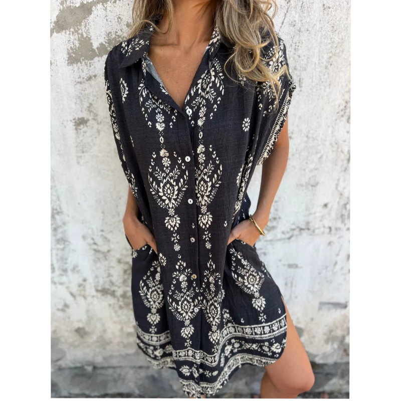 💕Summer Hot Sale 60% OFF👗Loose-Fit Printed Short Sleeve Dress with Pockets
