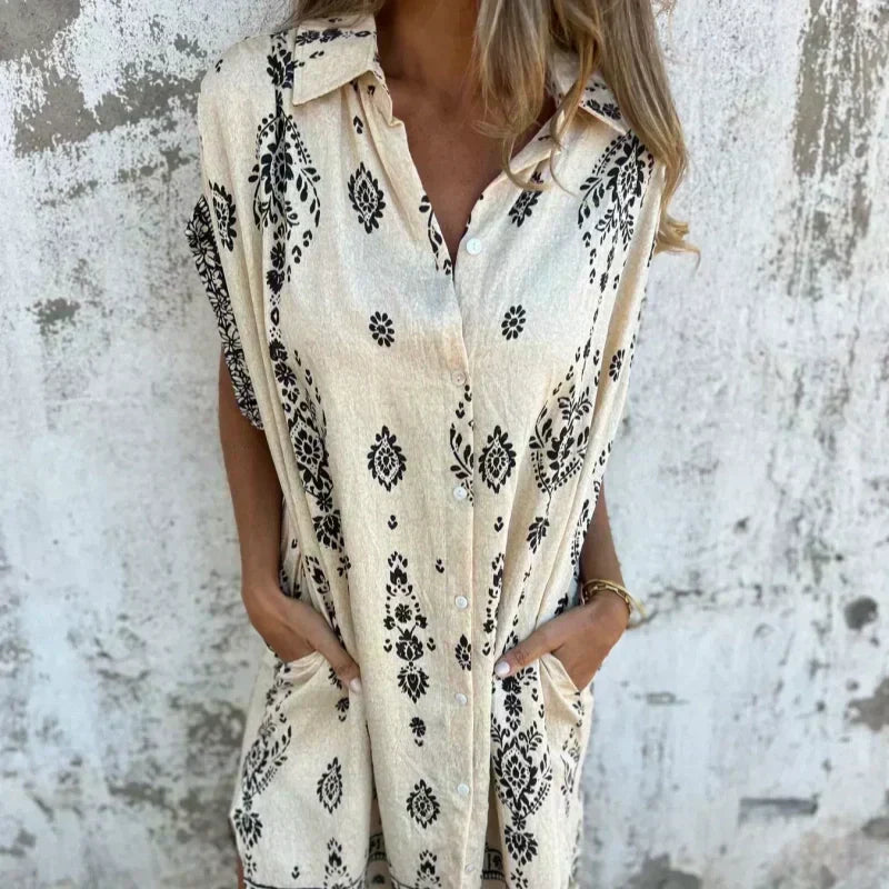 💕Summer Hot Sale 60% OFF👗Loose-Fit Printed Short Sleeve Dress with Pockets