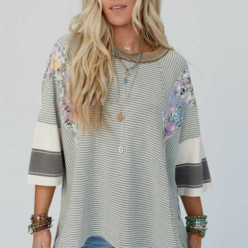 🍂Autumn Sales 49% OFF🔥Women's Batwing 3/4 Sleeve Stripe Patchwork Blouse