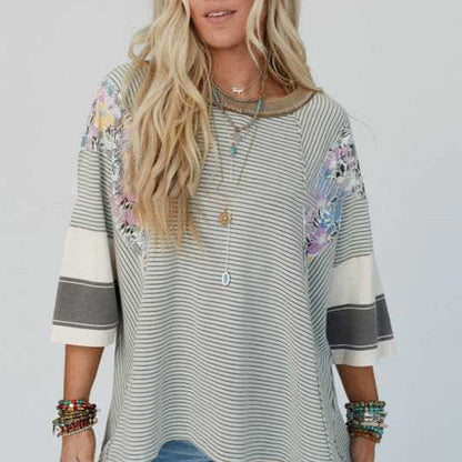 🍂Autumn Sales 49% OFF🔥Women's Batwing 3/4 Sleeve Stripe Patchwork Blouse