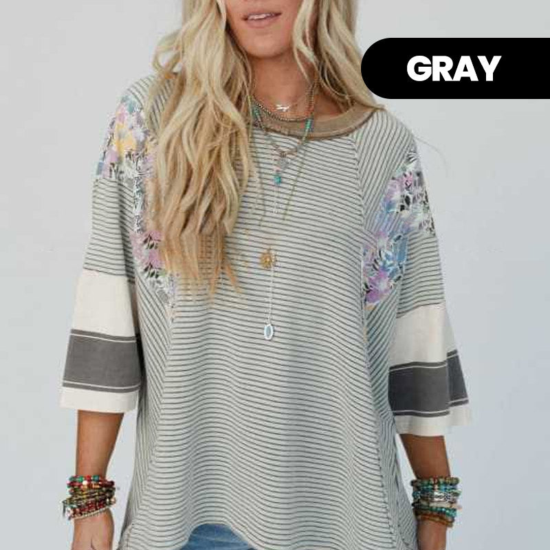 🍂Autumn Sales 49% OFF🔥Women's Batwing 3/4 Sleeve Stripe Patchwork Blouse