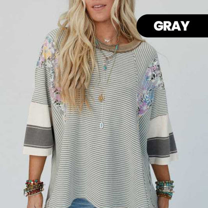 🍂Autumn Sales 49% OFF🔥Women's Batwing 3/4 Sleeve Stripe Patchwork Blouse