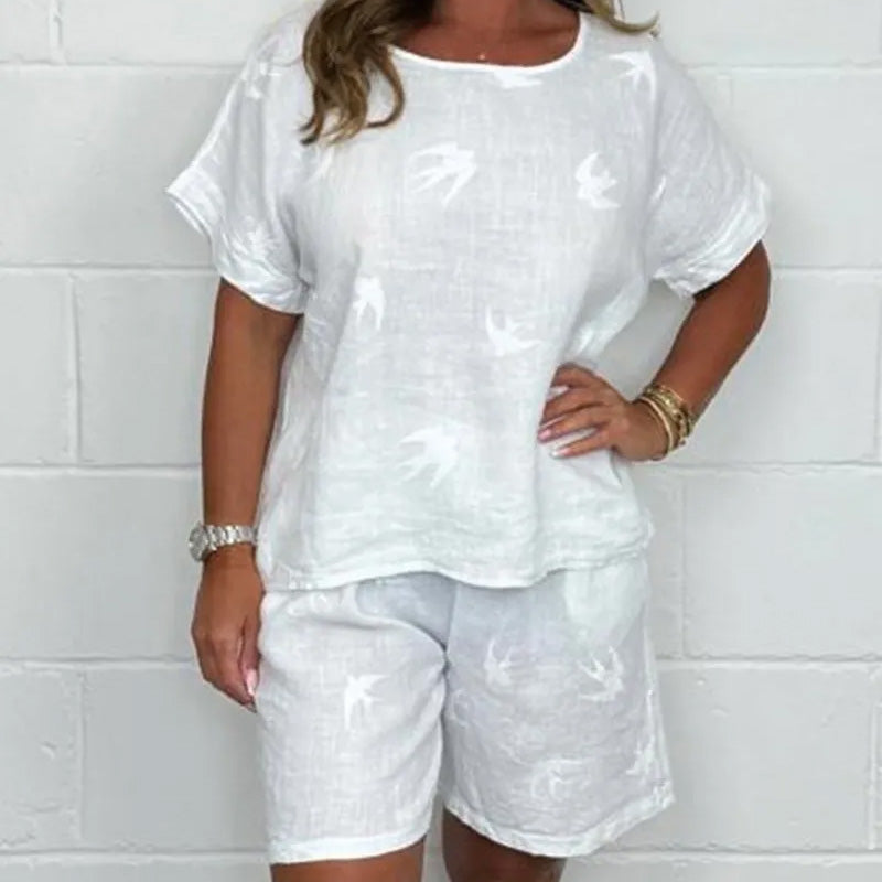 💥Early Summer Sale 50% OFF💕Casual Printed Cotton-Linen Short Sleeve Shorts Set