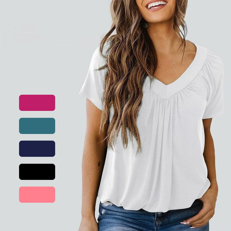 ✨2026 Hot Sale-70% Discount✨Women's Casual Pleated V-Neck Short-Sleeve Top