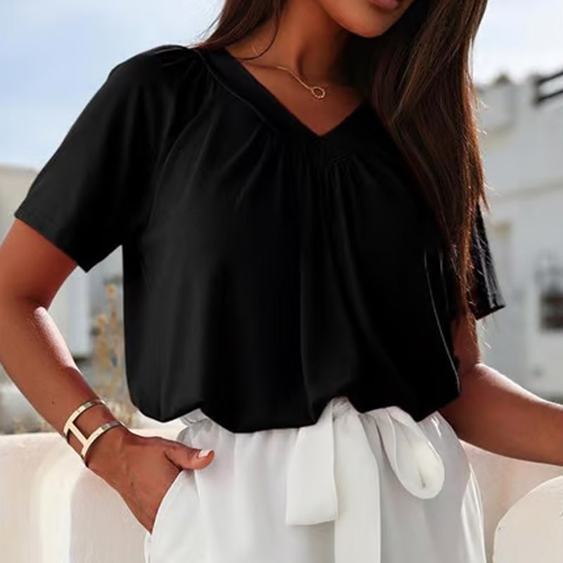 ✨2026 Hot Sale-70% Discount✨Women's Casual Pleated V-Neck Short-Sleeve Top