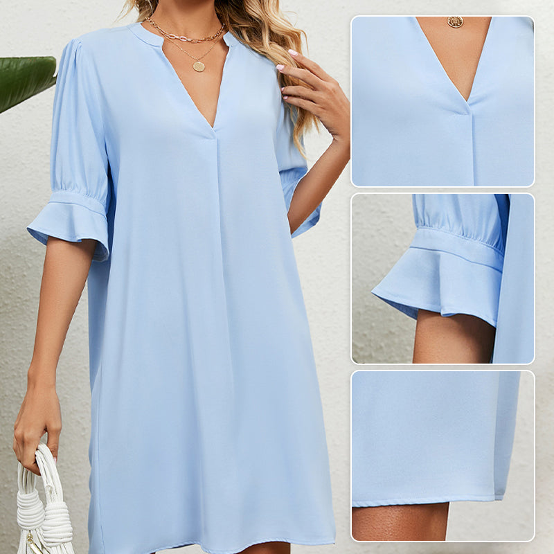 🎁Limited Time 60% OFF⏳🔥Women's Solid Color V-Neck Loose Fit Half Sleeve Dress