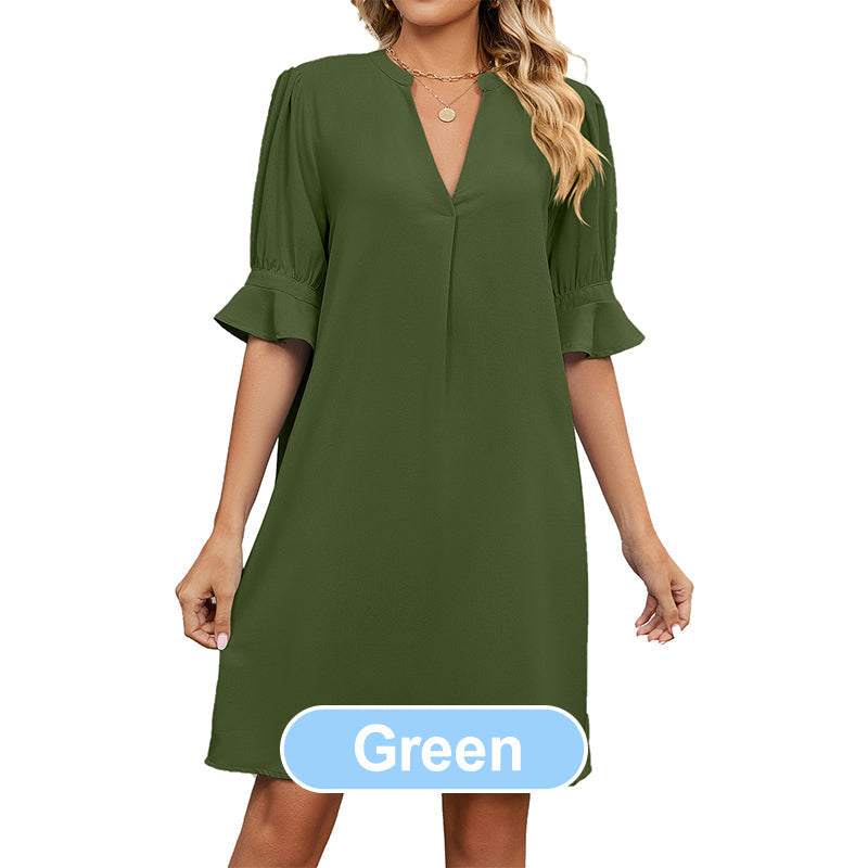 🎁Limited Time 60% OFF⏳🔥Women's Solid Color V-Neck Loose Fit Half Sleeve Dress