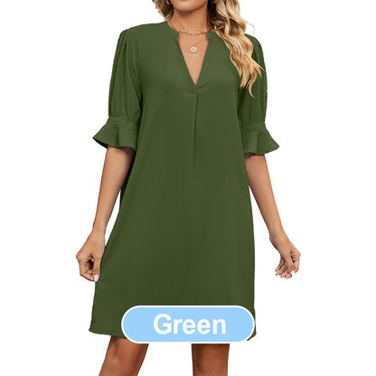 🎁Limited Time 60% OFF⏳🔥Women's Solid Color V-Neck Loose Fit Half Sleeve Dress