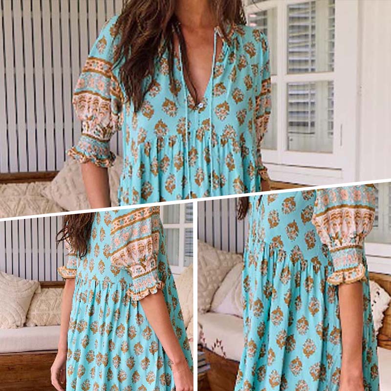 🌸Spring Specials 50% OFF👗Boho Floral V Neck High Waist A-Line Swing Dress