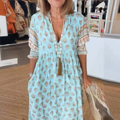 🌸Spring Specials 50% OFF👗Boho Floral V Neck High Waist A-Line Swing Dress