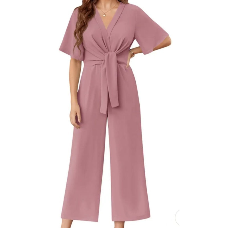 ⏰HOT SALE 49% OFF!!💖Women's Elegant V-Neck Wide Leg Waist Tie Jumpsuit