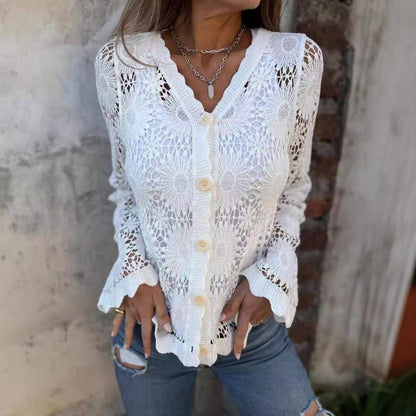 🌸 Hot Sale 50%OFF🌸Cutout Embroidered V-Neck Button Long Sleeve Top，Best gifts