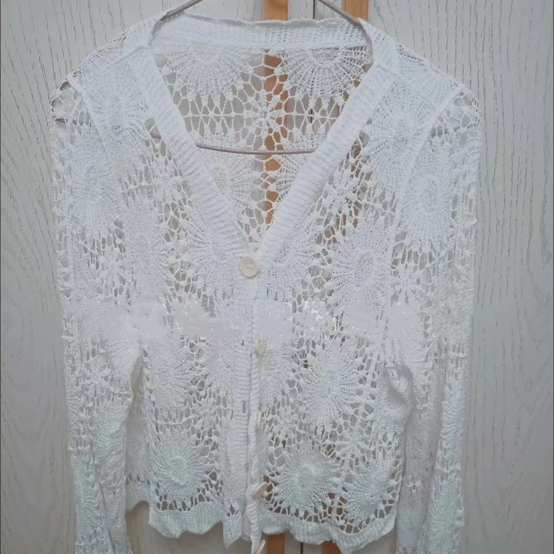 🌸 Hot Sale 50%OFF🌸Cutout Embroidered V-Neck Button Long Sleeve Top，Best gifts