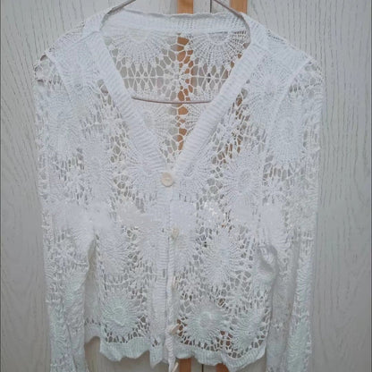 🌸 Hot Sale 50%OFF🌸Cutout Embroidered V-Neck Button Long Sleeve Top，Best gifts