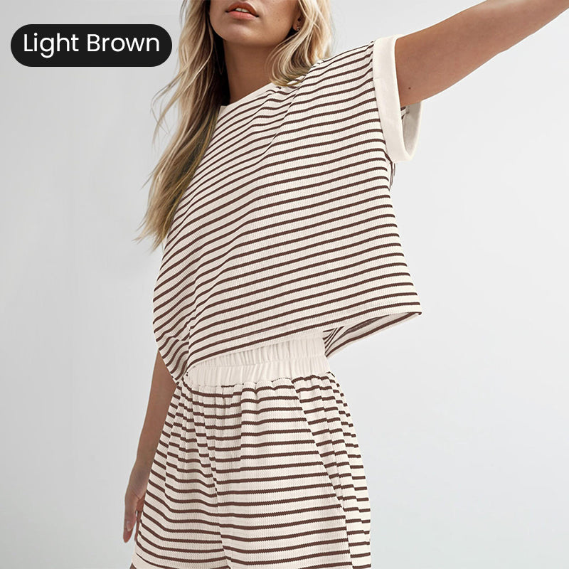 🔥Summer Hot Sale 50% Off🔥Crew Neck Striped Top & Elastic Waistband Shorts Set