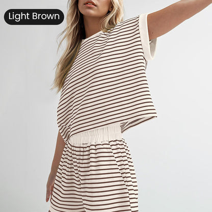 🔥Summer Hot Sale 50% Off🔥Crew Neck Striped Top & Elastic Waistband Shorts Set