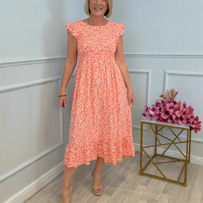 💕Summer Hot Sale 70% OFF💃Women's Elegant Floral Print High-Waisted Ruffle Cap Sleeve Dress