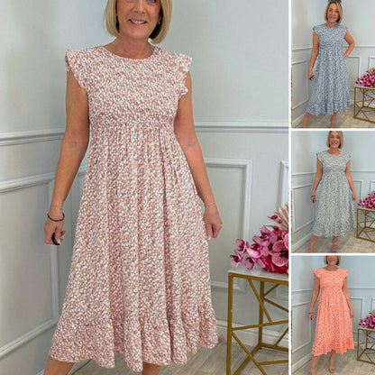 💕Summer Hot Sale 70% OFF💃Women's Elegant Floral Print High-Waisted Ruffle Cap Sleeve Dress