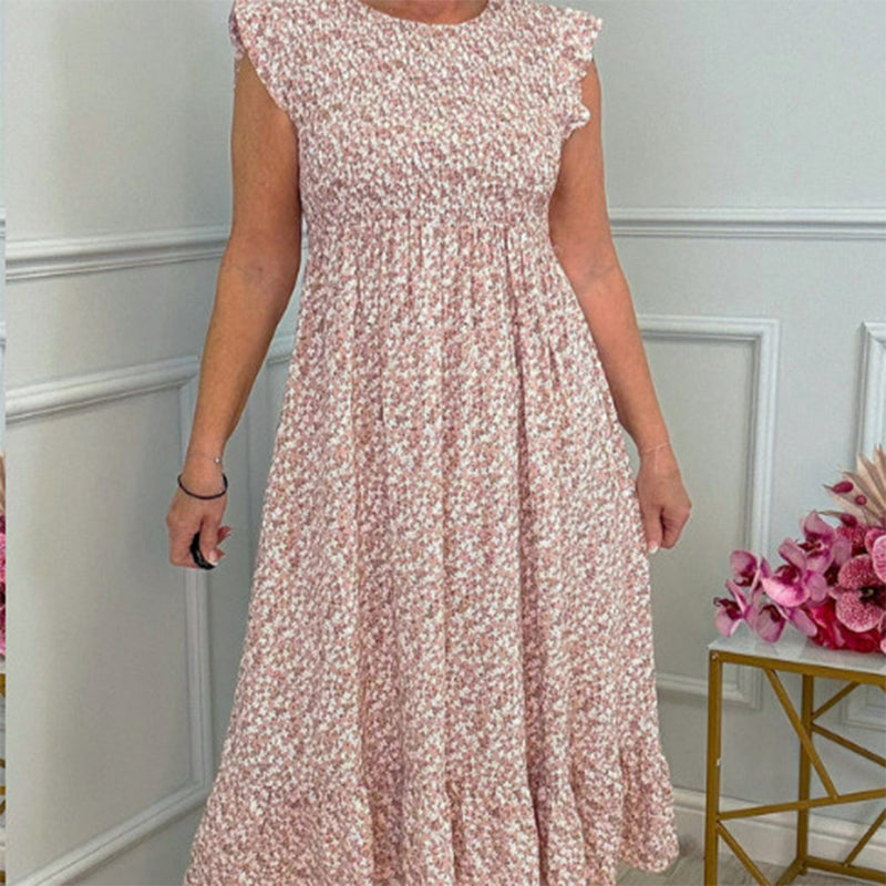 💕Summer Hot Sale 70% OFF💃Women's Elegant Floral Print High-Waisted Ruffle Cap Sleeve Dress