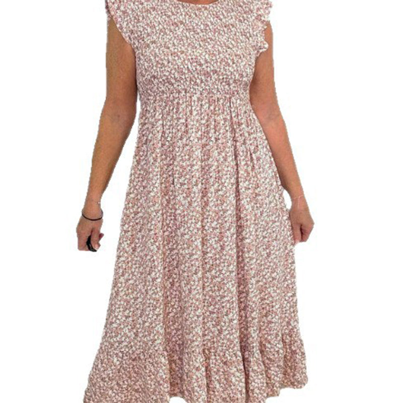 💕Summer Hot Sale 70% OFF💃Women's Elegant Floral Print High-Waisted Ruffle Cap Sleeve Dress