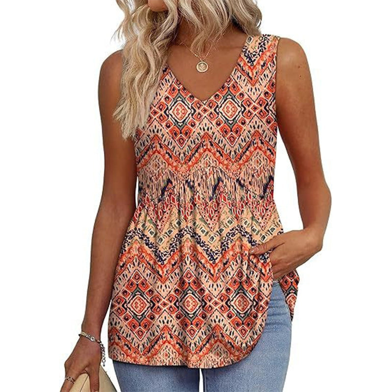🌞HOT SALE 49% OFF👚Women's Print Flowy Sleeveless V Neck Peplum Tank Tops