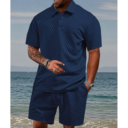 🔥Hot Sale 50% Off💥Men’s Diamond Pattern Turn-Down Collar Short Sleeve Top & Drawstring Shorts 2-Piece Set