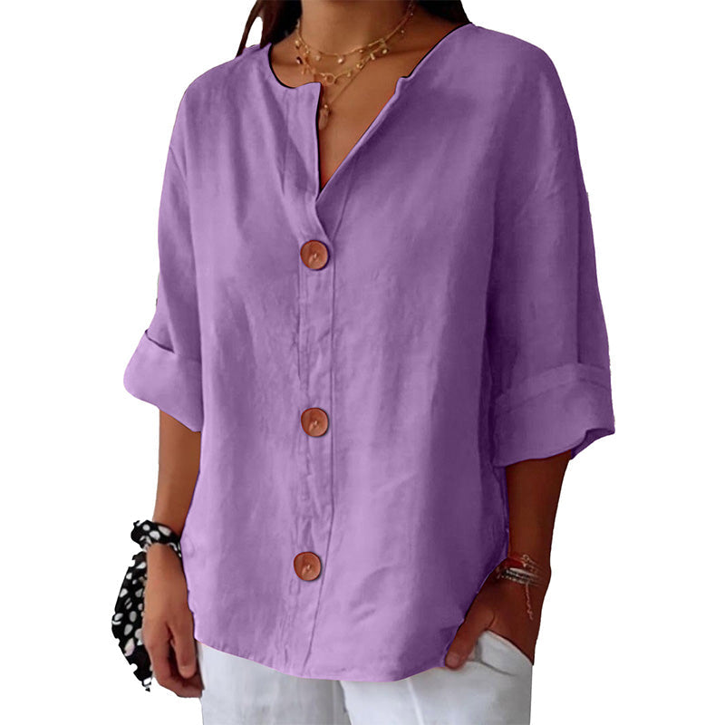💓Limited Sale 50% Off💓Women's Loose V-Neck Top with Buttons and 3/4 Sleeves
