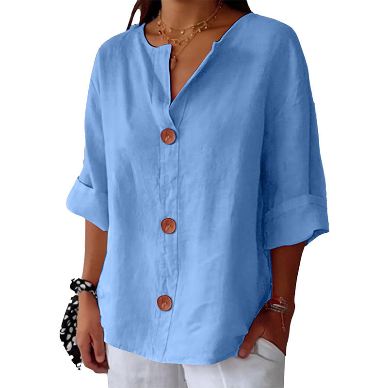 💓Limited Sale 50% Off💓Women's Loose V-Neck Top with Buttons and 3/4 Sleeves