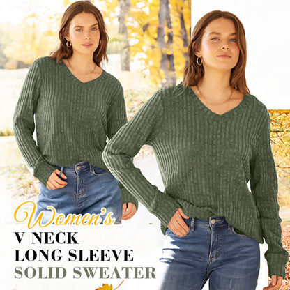 💖LAST DAY SALE 50% OFF✨Women's V Neck Long Sleeve Solid Sweater