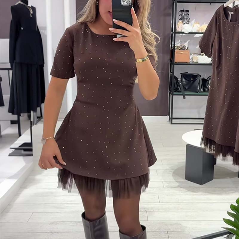 💕Valentine's Day Sale 70% OFF👗-Women’s Sparkling Lace Trim Short-Sleeve Mini Dress | Elegant & Shimmering