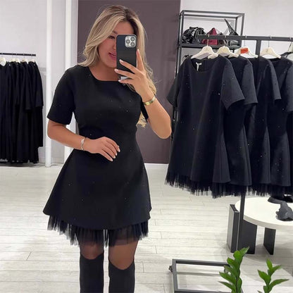 💕Valentine's Day Sale 70% OFF👗-Women’s Sparkling Lace Trim Short-Sleeve Mini Dress | Elegant & Shimmering