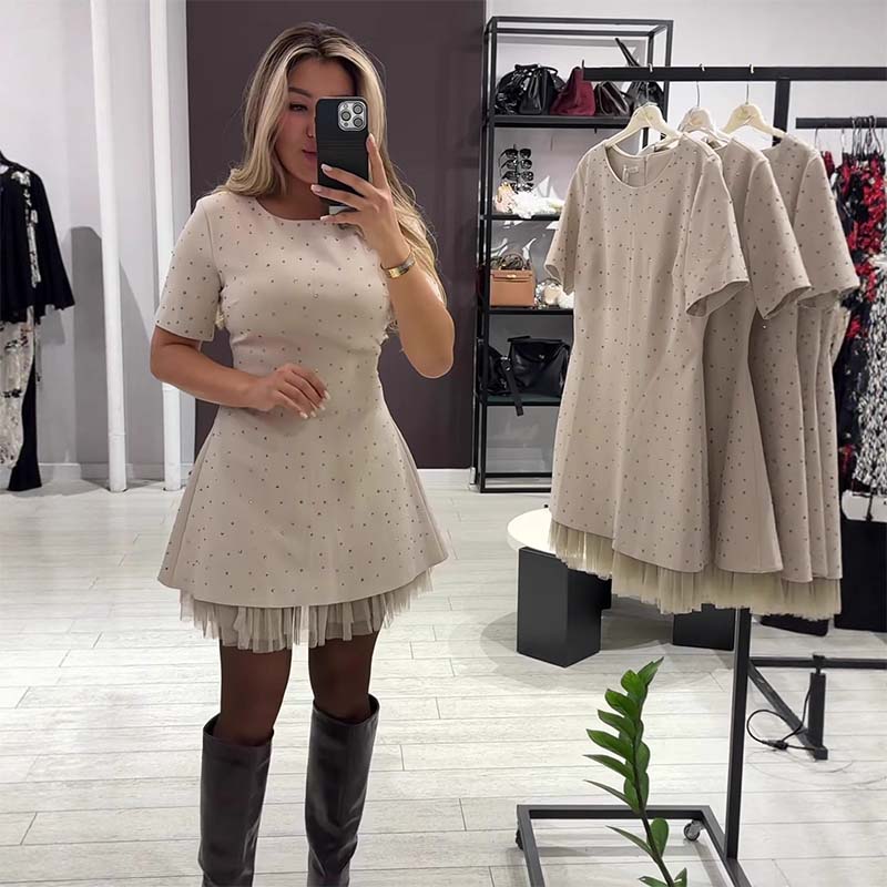 💕Valentine's Day Sale 70% OFF👗-Women’s Sparkling Lace Trim Short-Sleeve Mini Dress | Elegant & Shimmering