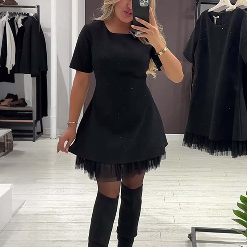 💕Valentine's Day Sale 70% OFF👗-Women’s Sparkling Lace Trim Short-Sleeve Mini Dress | Elegant & Shimmering