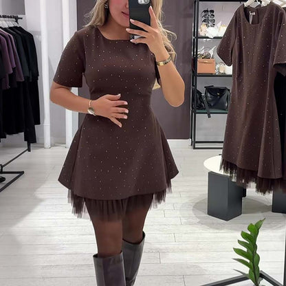 💕Valentine's Day Sale 70% OFF👗-Women’s Sparkling Lace Trim Short-Sleeve Mini Dress | Elegant & Shimmering