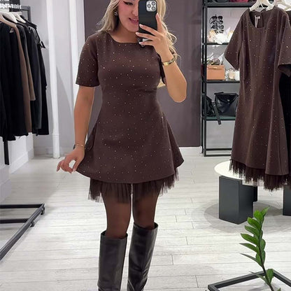 💕Valentine's Day Sale 70% OFF👗-Women’s Sparkling Lace Trim Short-Sleeve Mini Dress | Elegant & Shimmering